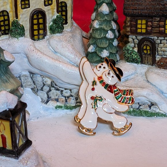 Vtg Two Snowmen Ice Skating Metallic Enamel Christmas Lapel Brooch Pin In Box - Picture 2 of 6